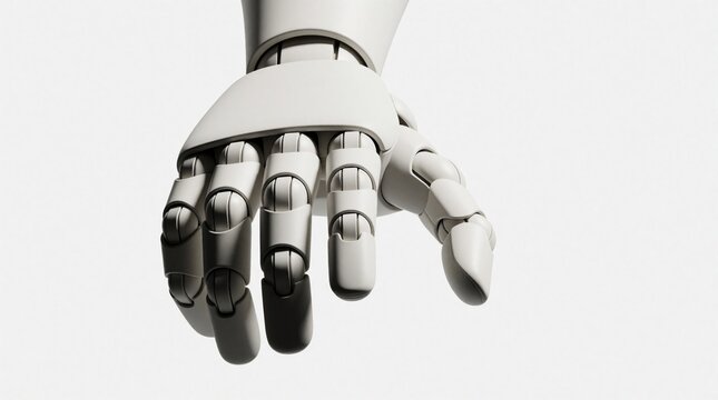 Robotic hand extends forward. Articulated fingers are on a plain white background. Futuristic mechanical limb suggests automation and industry.