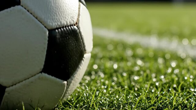 Classic soccer ball resting on green grass with morning dew close up.