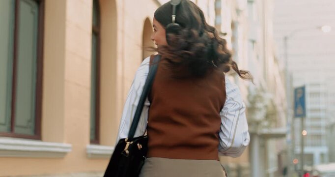 Headphones, dancing and businesswoman with cellphone in city for listening to music, radio or album. Happy, phone and corporate employee with audio tech for streaming playlist in town for commuting.