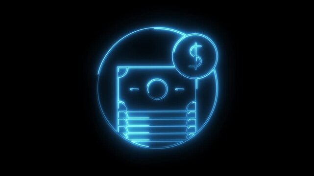 Digital currency neon style animation with dollar symbol and money stack concept