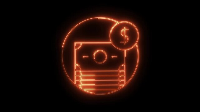 Glowing neon style money icon animation on black background for finance theme