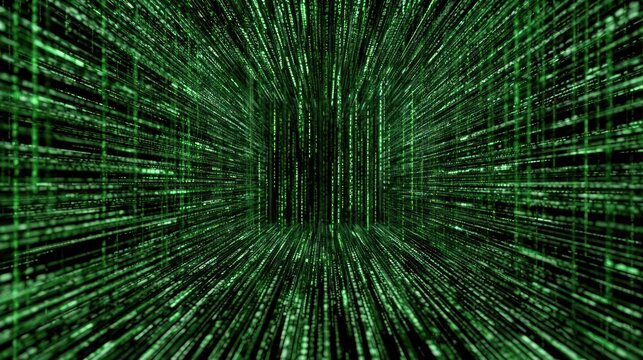 Abstract green digital rain falling in a dark data tunnel technology background
