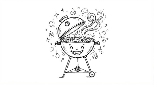 Hand drawn scribble doodle vector of a cute cartoon barbecue grill with smoke