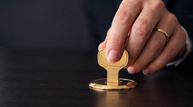 A person wearing a suit and a gold ring pressing a gold key-shaped into a lock on a dark ad social media download thambnail poster web template event festival 2026 2027 2028