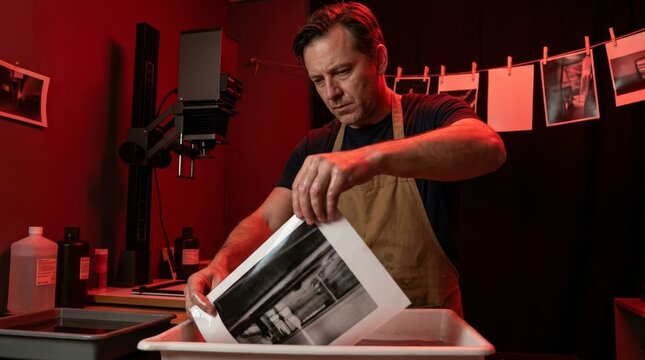 Male Photographer Developing Black and White Photos in Darkroom with Traditional Printing Equipment and Supplies