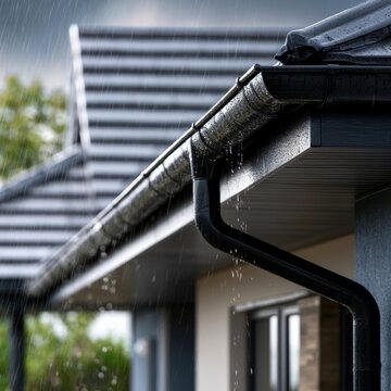 Rainfall streaming from a wet black gutter pipe on the edge of a modern house roof during a storm with a blurred background of rooftops and raindrops in motion
