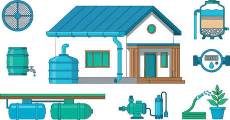 Obraz premium Water system Illustration Featuring House Tanks Pipes And Filtration Components home building