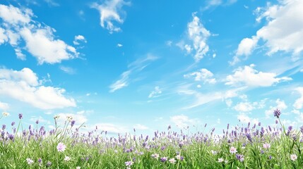 Naklejka premium Vibrant field of lavender flowers under bright blue sky with fluffy white clouds creates serene and peaceful atmosphere