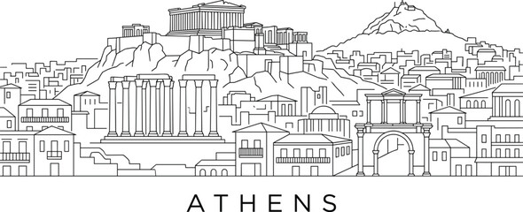 Fototapeta premium Athens skyline vector line art illustration featuring Acropolis Parthenon Temple of Olympian Zeus and Mount Lycabettus