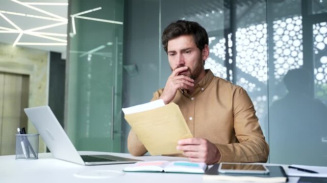 Worried mature businessman reading a business letter with disappointing news while sitting at his desk in a modern office. Concerned professional reacting to an unexpected setback at work.