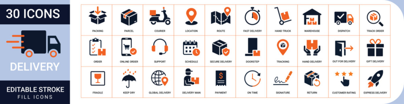 delivery and logistics editable vector icon set with courier parcel warehouse tracking shipping payment express transport flat symbols collection