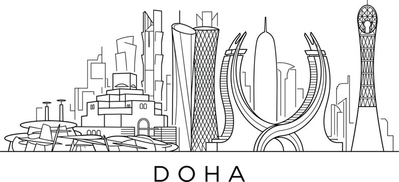 Doha skyline vector line art illustration featuring modern Qatar landmarks skyscrapers and Katara towers
