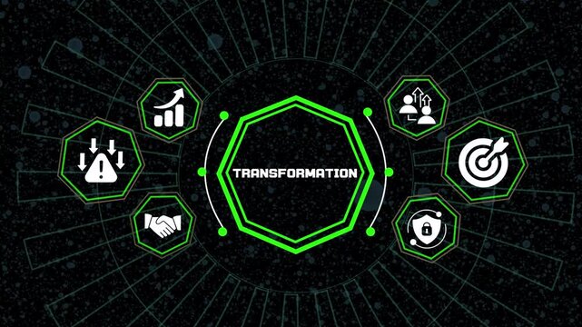 Transformation business concept with digital technology, analytics, strategic growth, process improvement, management innovation and enterprise solutions.