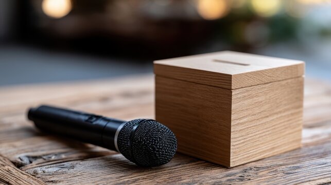 Wooden donation box next to a microphone on rustic wooden table symbolizing charity events and community support through public speaking and fundraising activit