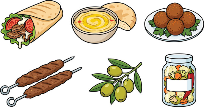 Traditional Arabic Cuisine Vector Set with Doner Shawarma Wrap Creamy Hummus Flatbread Fried Falafel Shish Kebab Skewers Green Olives and Pickled Vegetables
