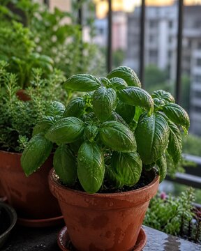 Fresh basil plant growing in a terracotta pot on a balcony