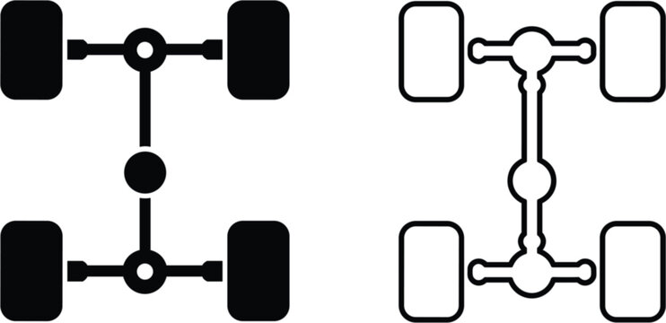 Vehicle chassis axle system icons, automotive drivetrain mechanical wheel suspension diagram isolated on white background