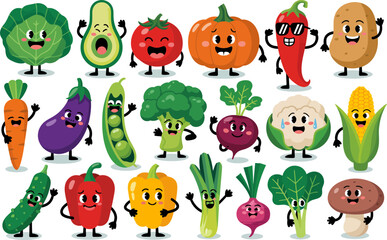 Obraz premium Cute Cartoon Vegetables and Healthy Food Characters Collection