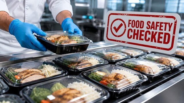 Food safety checked sign over prepackaged meals in commercial kitchen