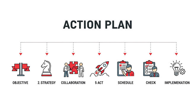 Action Plan Infographic: Objective, Strategy, Collaboration, Act, Schedule, Check, Implementation