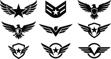 Fototapeta premium Military Wing and Eagle Emblem Silhouette Icon Set with Star Shield Chevron and Aviation Badge Symbols for Security Guard tactical Corporate Branding Logos