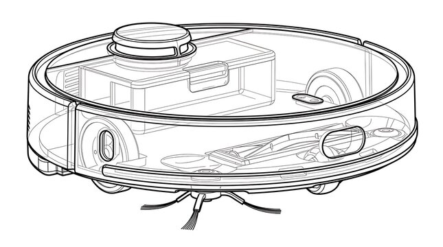 Robot Vacuum Cleaner Line Art Illustration Showing Internal Components and Smart Technology