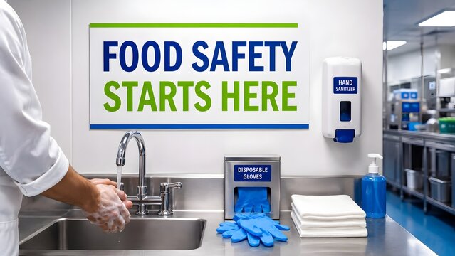Food safety starts here sign above sink with handwashing and gloves