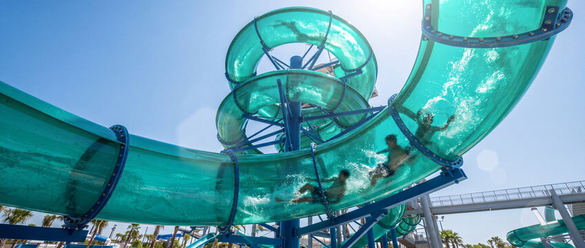 Water slide at a summer water park features people sliding down a transparent spiral tube under bright sunlight for vacation, leisure, and family travel concepts for commercial technology