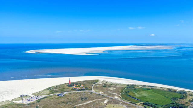 Aerial view of the lighthouse on Texel with Vlieland in the distance