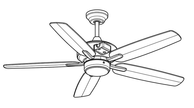 Ceiling Fan Line Art Illustration with Five Blades and Light Fixture on White Background