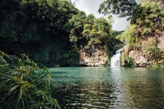 Paysage d'une cascade d'eau dans un bassin d'une for&ecirc;t humide. Bassin de Saint-Gilles sur l'&icirc;le de La R&eacute;union. Paysage paradisiaque d'une chute d'eau dans une for&ecirc;t humide et tropicale. 