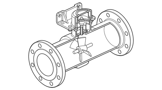 Industrial Turbine Flow Meter Cross Section Technical Drawing for Water and Gas Measurement