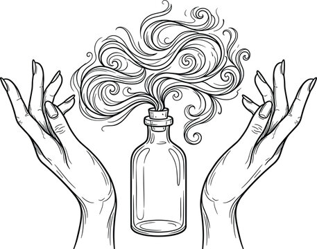Mystical hands casting magic spell with smoke swirls rising from glass potion bottle hand drawn vector illustration