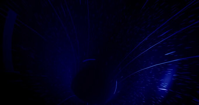 Abstract colorful sci fi warp drive tunnel animation with glowing speed streaks and dark background. 4K 3D Animation.