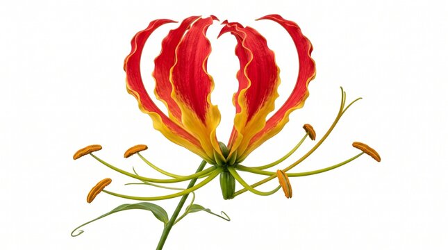 gloriosa superba tropical flower blossom petal stamen anther stem leaf vivid crimson scarlet amber gold golden orange bicolor gradient curled wavy reflexed exotic rare botanical