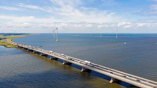 Aerial view of traffic on the A6 Ketel Bridge near Urk, the Netherlands