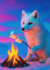 Naklejka premium Arctic fox roasting marshmallows campfire