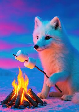Arctic fox roasting marshmallows campfire