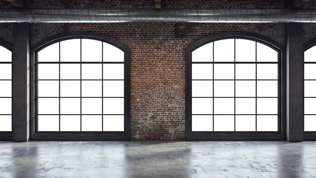Sunlit empty industrial space with exposed brick and metal window frames