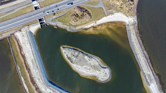Aerial topshot of the Fish Migration River at the Afsluitdijk in the Netherlands