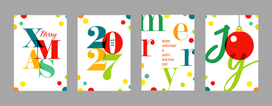 Happy New Year 2027 and Merry Christmas, colorful posters set. Greeting cards vector template for New Year design or seasonal xmas banners