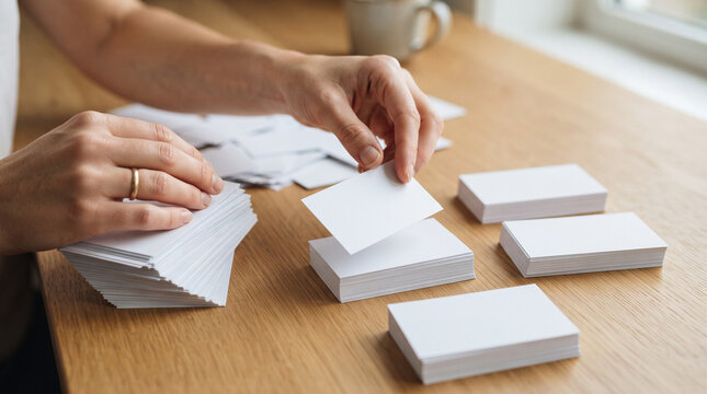 Person holding a blank white business card over a stack on a wooden desk, hands sorting ad social media download thambnail poster web template event festival 2026 2027 2028