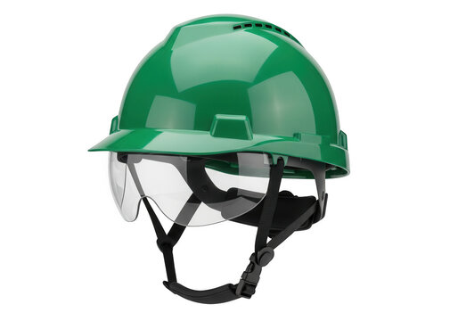 Green construction safety helmet with protective visor isolated on transparent background for site management