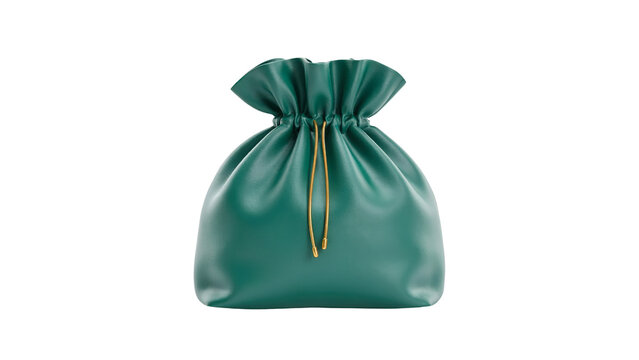 Elegant dark green leather drawstring pouch featuring a soft matte texture and minimalist golden cord strings showcased in a high quality studio shot on transparent background