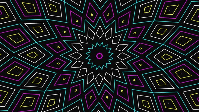 Abstract CMYK Color Tunnel Kaleidoscope And Rotating Geometric Triangle Waves Seamless Loop Motion Graphics Featuring Vibrant Neon Patterns