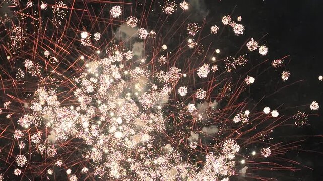 Dense white and gold fireworks bursting in night sky