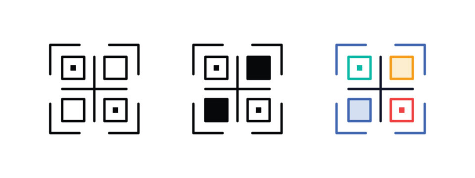 QR code scan icon set in outline, glyph, and modern colored vector style for digital identification, mobile pay, and bar code reader design