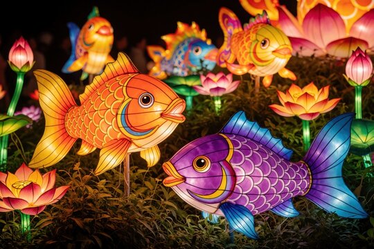 Colorful fish, lotus flower lanterns glow at night festival. Traditional decorative paper lights shaped like marine animals, blooms illuminate dark garden. Brightly lit ornaments celebrate cultural