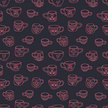 Cottage core doodle coffee cups seamless pattern on dark blue background. Cozy scandi mugs line art wallpaper vector