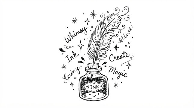 Hand drawn scribble doodle vector of a cute cartoon feather quill inkwell with stars